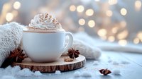 White cup of hot cocoa topped with whipped cream on wooden coaster, with star anise and cozy winter decorations against blurred bokeh lights background.