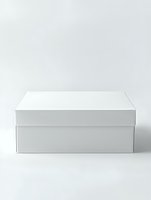 White rectangular box with lid on plain background, minimalist packaging mockup for product presentation and branding projects.