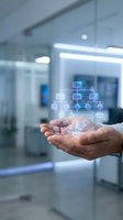 Businessman hands holding holographic network diagram in modern office environment showcasing digital transformation and connectivity solutions.