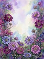 Watercolor floral border with purple, pink, and blue chrysanthemums framing a soft pastel background, perfect for greeting cards and invitations.