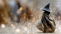 Mysterious wizard figure in pointed hat and flowing cloak against magical bokeh background with glowing particles for fantasy game art.