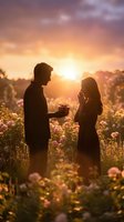 Romantic couple silhouettes during golden hour sunset in blooming flower field, man proposing with ring box to woman covering mouth in surprise and joy.