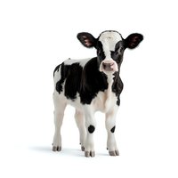 Young Holstein calf with black and white spotted coat standing on white isolated background, looking directly at camera. Ready for agricultural and farming designs.