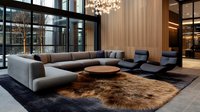 Modern luxury lobby interior with gray sectional sofa, reclining chairs and round coffee table on brown faux fur rug, illuminated by crystal chandelier.