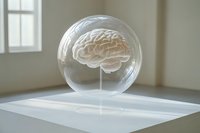 Human brain model enclosed in transparent glass sphere displayed on white pedestal in minimalist room with natural lighting for medical education or neuroscience exhibition.