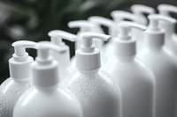 White plastic pump bottles with water droplets in row, shallow depth of field focus on front bottle, minimalist clean composition on neutral background.