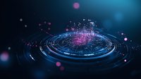 Futuristic circular technology interface with glowing blue and pink elements against dark background, digital data visualization and network connections.