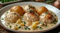 Juicy meatballs with creamy sauce, boiled potatoes and fresh herbs served on white plate. Traditional homestyle comfort food with rich gravy garnish.