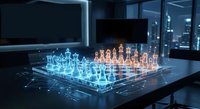 Glowing holographic chess board with blue and orange pieces on a dark office desk, futuristic digital strategy concept.