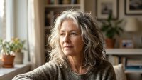 Thoughtful mature Caucasian woman with gray curly hair in cozy brown sweater sitting indoors at home, contemplating life decisions and future plans.