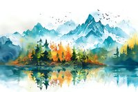 Serene mountain landscape with autumn forest reflecting in calm lake water, misty peaks rising above colorful trees and flying birds in watercolor style.