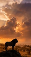 Majestic lion silhouette standing on rocky outcrop against dramatic orange sunset sky with golden clouds in African savanna landscape for wildlife photography.