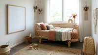 Cozy boho nursery with rattan daybed, woven baskets, neutral textiles and natural light streaming through window creating warm peaceful atmosphere.