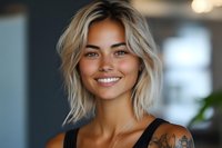 Young blonde woman with short bob haircut smiling confidently in modern office environment. Professional portrait for business and lifestyle concepts.