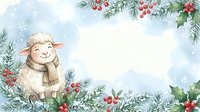 Cute sheep wearing knit scarf surrounded by evergreen branches, holly berries and snowflakes on soft blue background. Winter holiday greeting card template.
