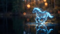 Glowing blue energy horse galloping with electric lightning effects and magical particles on dark background with warm bokeh lights for fantasy designs.