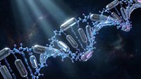 Futuristic DNA double helix structure with metallic chrome finish floating in cosmic space with starlight beams and nebula background for science concepts.