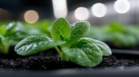 Young green seedling with water drops growing from dark soil against blurred bokeh background, macro photography showing fresh spring growth and new beginnings.