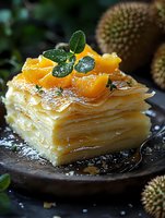 Layered puff pastry dessert with fresh mandarin segments and mint leaves on top, dusted with powdered sugar, served on rustic plate. Dark food photography.
