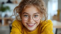 Young Caucasian woman with bright smile wearing round glasses and cozy yellow sweater looking at camera. Natural daylight creates warm atmosphere for lifestyle portrait.
