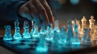 Glass chess pieces on illuminated board with blue light effect, hand moving piece during strategic game play, dramatic mood with wooden figures in warm tones.