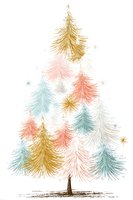 Elegant Christmas tree composed of feathery gold, coral, mint, and white branches with sparkling stars for holiday cards and festive designs.