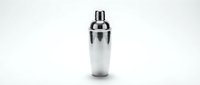 Stainless steel cocktail shaker with chrome cap and strainer, ideal for bartending, mixology, and home bar preparation.