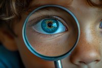 Close-up of bright blue eye magnified through lens showing detailed iris patterns and eyelashes for vision research and optical examination concepts.