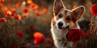 Welsh Corgi dog with red rose in mouth sitting in poppy field at sunset, warm golden light creating romantic atmosphere for pet photography.