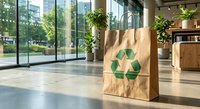 Eco-friendly paper shopping bag with green recycling symbol in modern office lobby with large windows and plants for sustainable business practices.