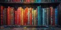 Colorful vintage hardcover books arranged on wooden shelf creating rainbow spectrum effect, perfect for education, library, knowledge and literature concepts.