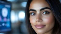 Young professional woman with natural makeup and long brown hair in modern office environment with soft lighting and blurred background.