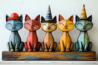 Colorful wooden cat figurines with party hats sitting in row on rustic shelf. Whimsical folk art decoration features smiling felines in blue, red, orange, yellow and green.