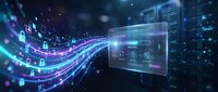 Digital data stream flowing into holographic display screen with security icons and binary code, representing cybersecurity, network protection, and information technology infrastructure for digital transformation projects.