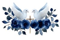 White doves with navy blue roses and golden cross composition on white background, watercolor style floral arrangement for religious occasions and celebrations.