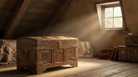 Vintage wooden chest in dusty attic with sunbeams streaming through window, creating atmospheric storage scene for antique furniture concepts.