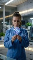 Young female scientist in blue lab coat examining holographic brain and AI technology icons in modern laboratory setting for research and innovation concepts.
