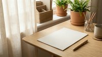 Minimalist wooden desk workspace with blank paper, pencil, potted plants and natural lighting creating peaceful home office atmosphere for productivity.