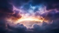 Dramatic storm clouds with vibrant purple and orange colors illuminated by sunlight breaking through dark sky, creating mystical atmospheric scene for backgrounds and designs.