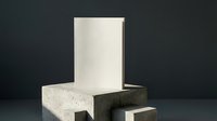 Blank white card mockup standing on concrete geometric podium, minimalist composition with dark background for branding and product presentation.
