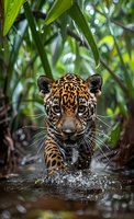 Young jaguar cub wading through shallow water in lush tropical rainforest with green foliage and natural lighting for wildlife conservation content.