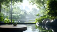 Tranquil indoor pool with natural light streaming through panoramic windows, surrounded by lush greenery and decorative stones creating zen atmosphere.