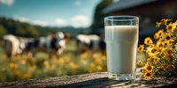 Fresh glass of milk on rustic wooden fence with dairy cows grazing in countryside meadow and wildflowers in background.