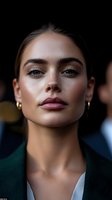 Young professional businesswoman with natural makeup and gold earrings in corporate attire, confident expression for business and career concepts.