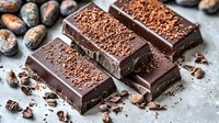 Dark chocolate bars with cocoa nibs and raw cocoa beans scattered on gray concrete background, macro food photography with selective focus.