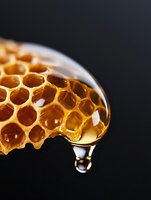 Fresh honeycomb with golden honey dripping in droplet form against dark background, macro photography showing detailed hexagonal structure and natural sweetness.