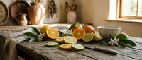 Fresh citrus fruits sliced on rustic wooden table in cozy kitchen interior with natural lighting and copper cookware for healthy cooking and food preparation.