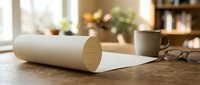 Rolled white paper tube on wooden desk with coffee cup and glasses in modern office workspace for creative projects and presentations.