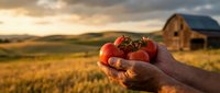 Farmer hands holding fresh ripe tomatoes at sunset with rustic barn and golden fields in background. Organic farming and harvest concept for healthy food.