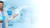 Smiling Middle Eastern male doctor in scrubs holding tablet in modern hospital operating room presenting medical technology solutions for healthcare.